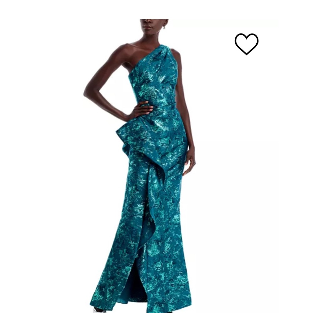 Rickie Freeman for Teri Jon Teal Floral One-Shoulder Gown